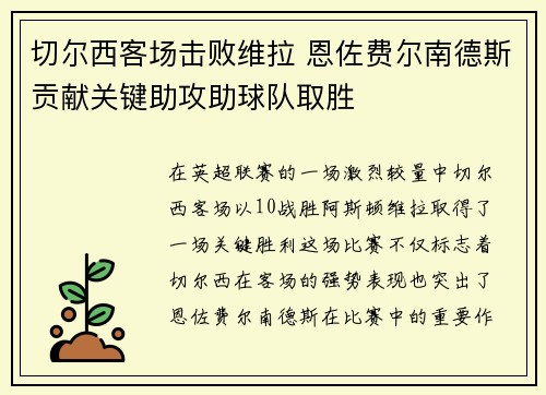 切尔西客场击败维拉 恩佐费尔南德斯贡献关键助攻助球队取胜